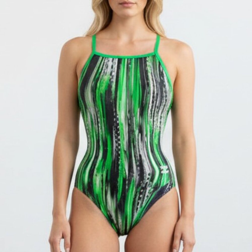 NWT Speedo Endurance+ Kelly Green Abstract One Piece Swimsuit 6/32